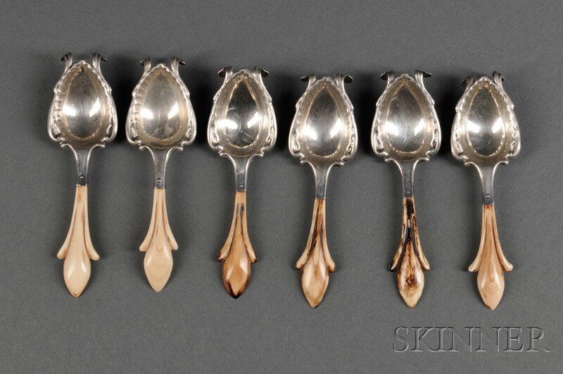 Six Mauser Manufacturing Co. Sterling Silver and I: Six Mauser Manufacturing Co. Sterling Silver and Ivory-handled Spoons, New York, late 19th/early 20th century, each with prongs for hanging at the bowl tips, lg. 4 1/2 in.