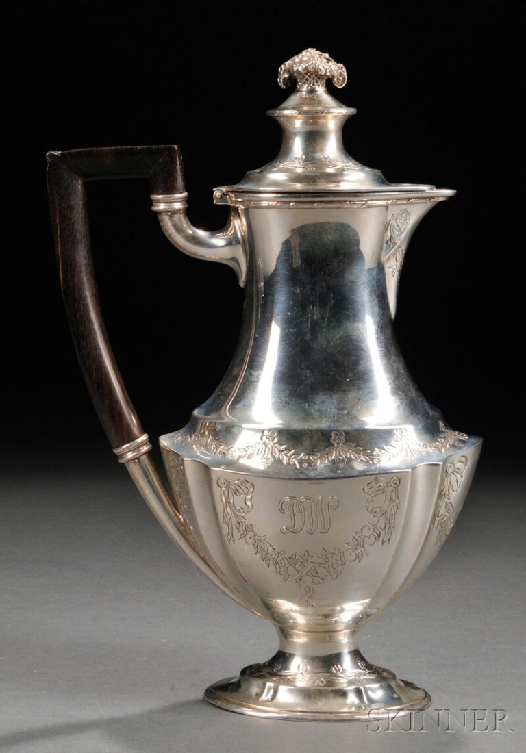 Tiffany & Co. Etched Sterling Silver Coffeepot, Ne: Tiffany & Co. Etched Sterling Silver Coffeepot, New York, 1902-07, with finial cast as a basket of flowers, and engraved design of garland swags, monogrammed "DW," on oval foot with wood handle, ht. 9