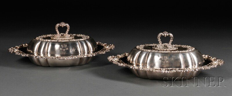 Pair of Black, Starr & Frost Sterling Silver Cover: Pair of Black, Starr & Frost Sterling Silver Covered Vegetable Dishes, New York, 20th century, each with single handle, lobed body, engraved armorial, and border of cast shells and scrollwork, lg. 13 