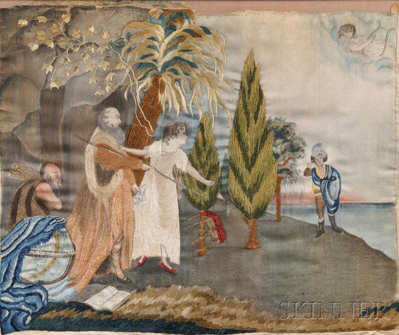 Needlework Depicting a Scene from Shakespeare's Th: Needlework Depicting a Scene from Shakespeare's The Tempest, America, 19th century, after the painting attributed to Edward Hicks (American, 1780-1849), depicting act I, scene ii, rectangular, silk th