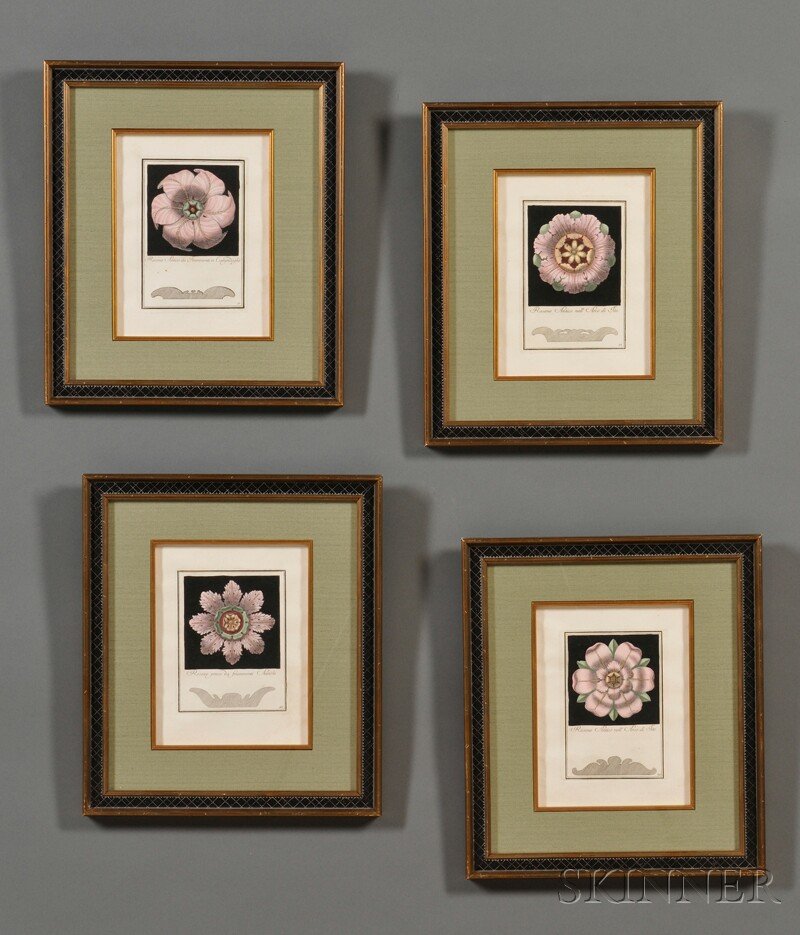 Four Hand-colored Engraved Book Illustrations of A: Four Hand-colored Engraved Book Illustrations of Architectural Rosettes, published by Carlo Antonini, Rome, 1768, framed, total size 15 3/4 x 13 3/4 in.