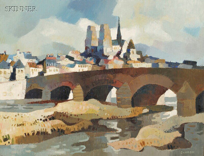Guy Charon (French, b. 1927) Pont-Rouen Signed "CH: Guy Charon (French, b. 1927) Pont-Rouen Signed "CHARON" l.r., identified on a label from Frost & Reed, London, affixed to the stretcher. Oil on canvas, 19 3/4 x 25 1/2 in. (50.2 x 64.8 cm)