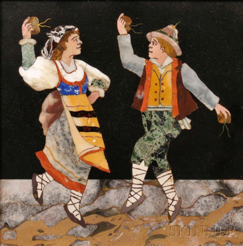 Pietra Dura Plaque of a Couple Dancing, Italy, 19t: Pietra Dura Plaque of a Couple Dancing, Italy, 19th/20th century, the framed plaque inlaid with various hardstone specimens, and bearing paper label for the Beard Art Galleries, Minneapolis on the rev