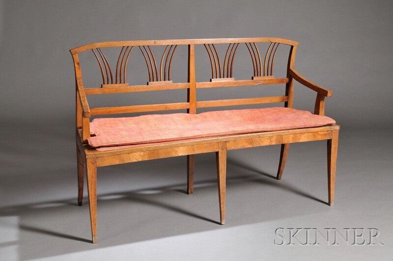 Provincial Neoclassical Settee, Italy, 19th centur: Provincial Neoclassical Settee, Italy, 19th century, with turned fan-shaped stiles between the upper and medial rail, with armrests and upholstered cushion seat, raised on six tapered legs, ht. 34 1/2