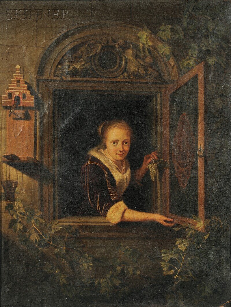 After Gerrit Dou (Dutch, 1613-75) Girl at the Wind: After Gerrit Dou (Dutch, 1613-75) Girl at the Window Unsigned. Oil on canvas, 16 1/8 x 12 1/2 in. (41.0 x 31.8 cm), framed. Condition: Canvas trimmed and lined, small split to canvas surfa