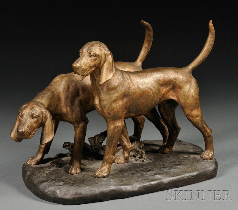 After Jules Edmond Masson (French, 1871-1932) Two: After Jules Edmond Masson (French, 1871-1932) Two Hounds, dogs modeled in gilt-bronze on a dark patinated base, signed "J.E. MASSON," ht. 12 1/2, wd. 16 1/2 in.