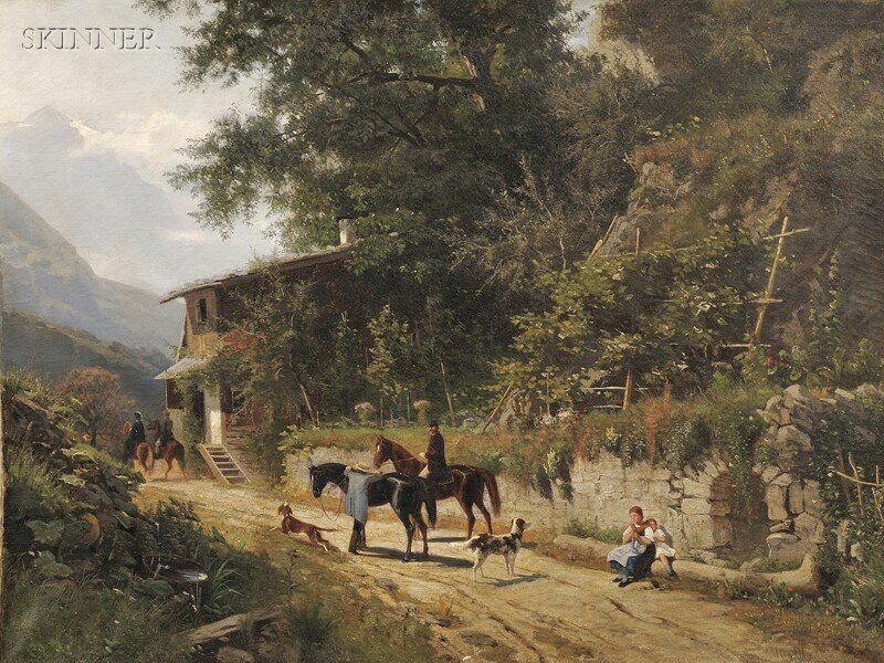 Attributed to Eugen Felix Prosper Bracht (Swiss,: Attributed to Eugen Felix Prosper Bracht (Swiss, 1842-1921) Genre Scene Along an Alpine Road Signed, inscribed, and dated "Bracht...6..." l.r. Oil on canvas, 35 x 46 1/4 in. (89.0 x 118.5 cm), framed 