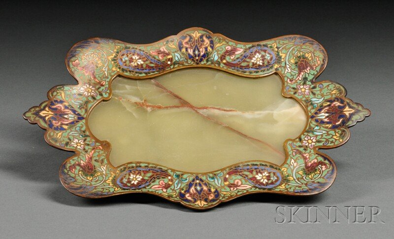 Green Onyx and Champleve Vide Poche, France, late: Green Onyx and Champleve Vide Poche, France, late 19th century, ovoid, the shaped border decorated with hearts, botehs, and foliage, the stone with rust-colored fissures, impressed "Made in France," l