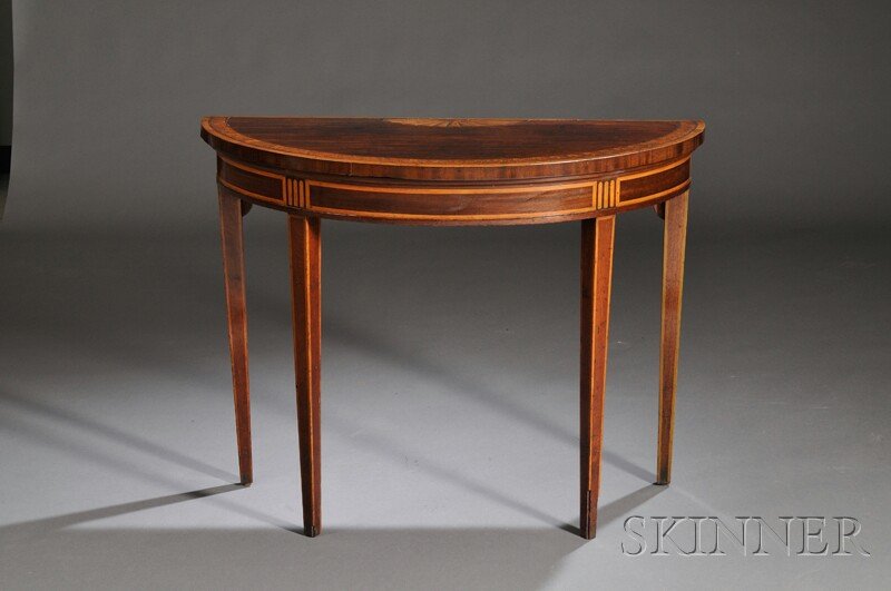 George III Pier Table, England, c. 1790, inlaid de: George III Pier Table, England, c. 1790, inlaid demilune top with central half fan motif within a wave pattern border, on a inlaid frieze and four tapered legs, ht. 30 1/2, wd. 39 7/8, dp. 18 11/16 in