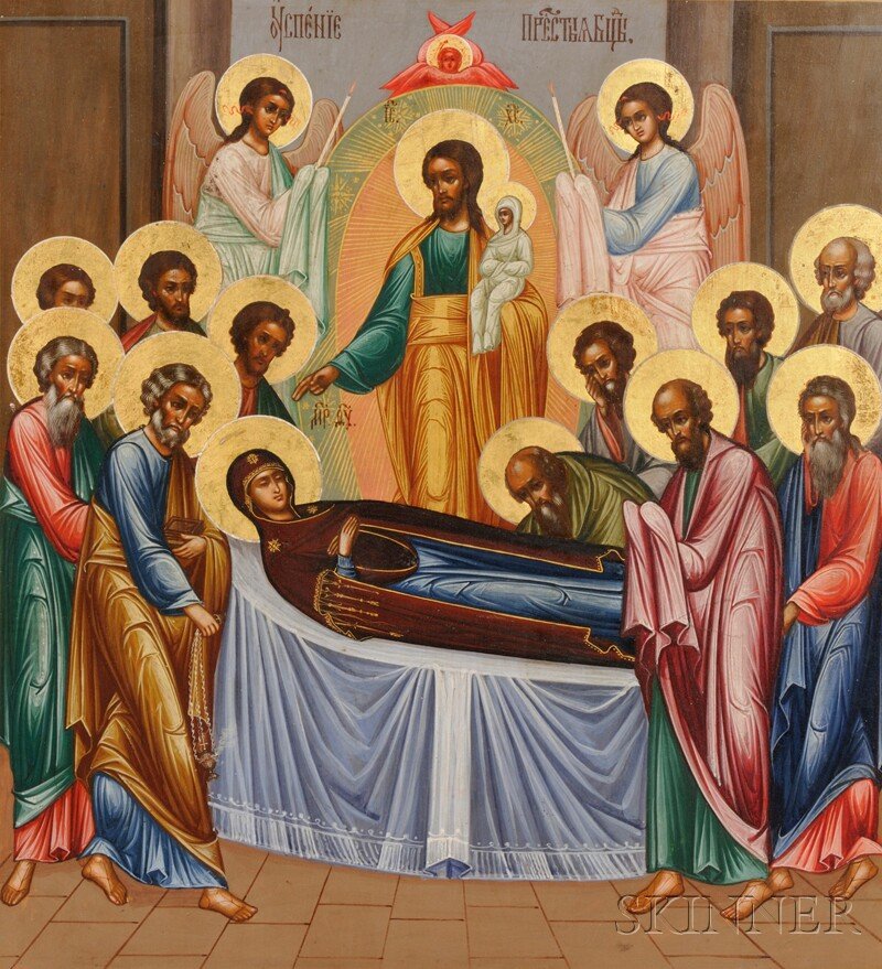 Russian Icon of the Dormition of the Virgin, Palek: Russian Icon of the Dormition of the Virgin, Palekh, c. 1890, depicting Mary on her death bed, flanked by the twelve Apostles, with Christ holding her soul rendered as an infant, and centered by two a
