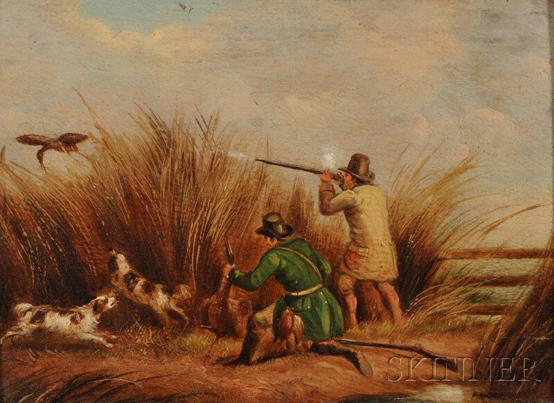 Henry Thomas Alken (British, 1785-1851) Duck Hunt: Henry Thomas Alken (British, 1785-1851) Duck Hunting Signed "H. ALKEN" l.r. Oil on panel, 7 1/2 x 10 in. (19.2 x 25.6 cm), framed. Condition: Minor paint losses, fine craquelure, surface accretions an