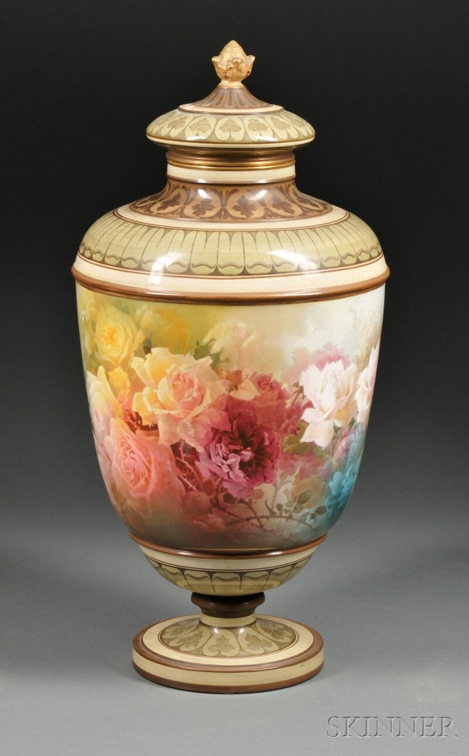Royal Doulton Covered Urn, England, cover with gil: Royal Doulton Covered Urn, England, cover with gilt berry finial and rim, urn with central painted rose decoration signed "H. Piper," underglaze mark to base "Doulton, Burslem" with additional rubbed 