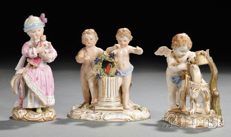 Three Meissen Porcelain Figures, Saxony, late 19th: Three Meissen Porcelain Figures, Saxony, late 19th century, each polychrome enameled and gilded, one modeled as a figure sharpening his arrows on a whetstone wheel, with blue crossed swords mark, inci