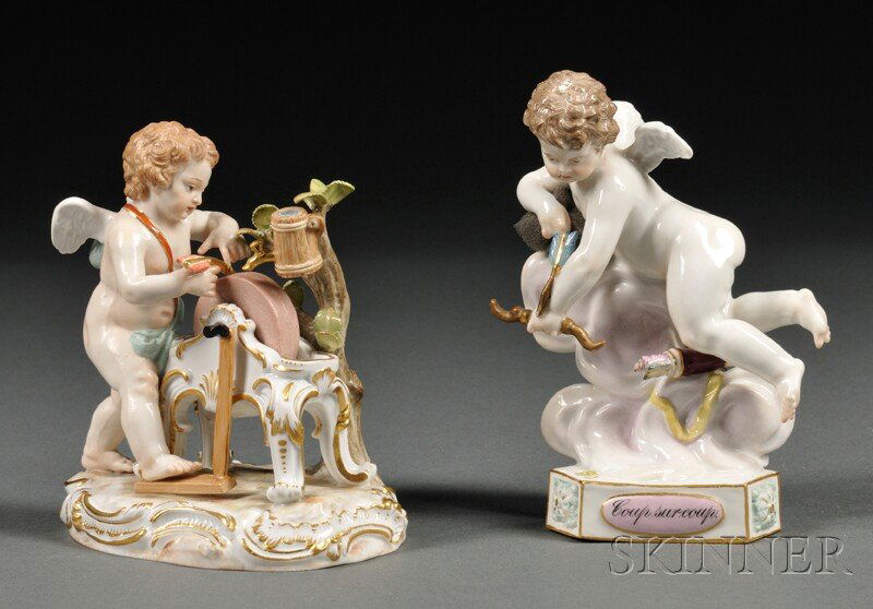 Two Meissen Porcelain Cupid Figures, Saxony, late: Two Meissen Porcelain Cupid Figures, Saxony, late 19th century, each polychrome enameled and gilded, one modeled as a figure sharpening his arrows on a whetstone wheel, with blue crossed swords mark,