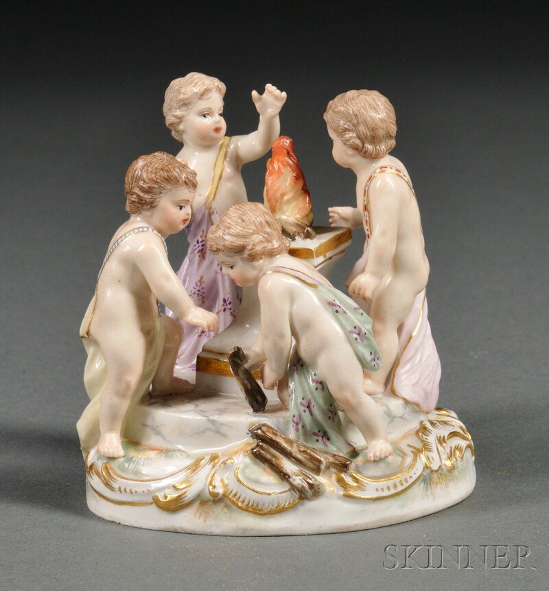 Meissen Porcelain Figural Group, Saxony, late 19th: Meissen Porcelain Figural Group, Saxony, late 19th century, polychrome enameled and gilded with four babes making a burnt offering, on shaped base decorated with rocailles, with blue crossed swords ma
