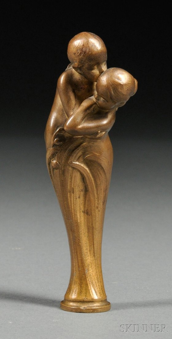 Peter Tereszczuk (Austrian, 1875-1963) Art Nouveau: Peter Tereszczuk (Austrian, 1875-1963) Art Nouveau Figural Gilt-bronze Seal, with two figures embracing amidst tall reeds, seal monogram "SE," signed "P. Tereszczuk," ht. 5 in.