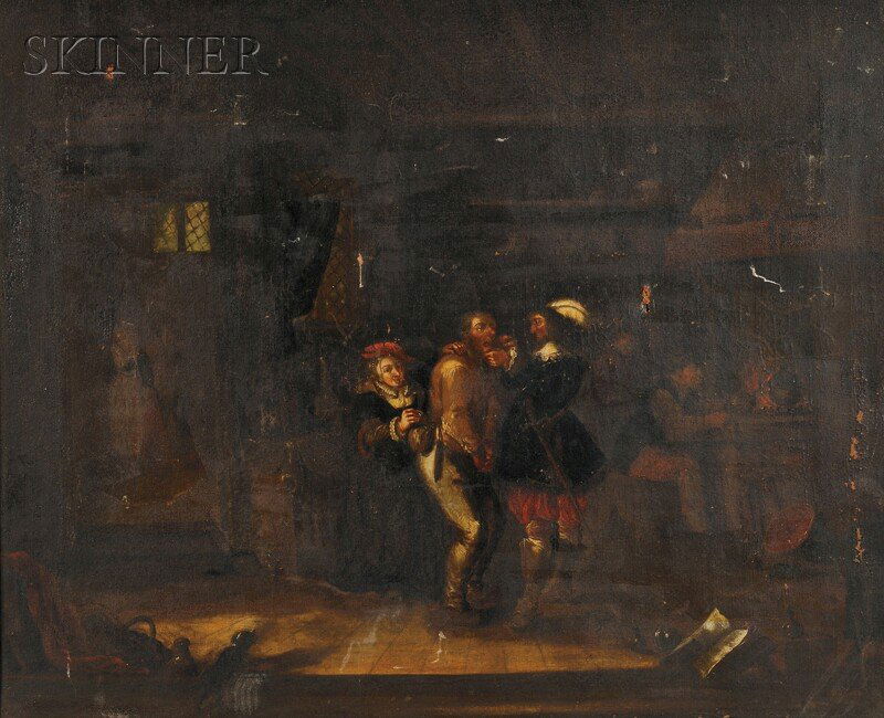 School of Jan Steen (Dutch, 1626-1679) Tavern Scen: School of Jan Steen (Dutch, 1626-1679) Tavern Scene/An Unscrupulous Tooth Pulling Inscribed "Jan Steen" on the reverse. Oil on canvas, 27 5/8 x 33 1/2 in. (70.0 x 85.0 cm), framed. Condition: Lined, p