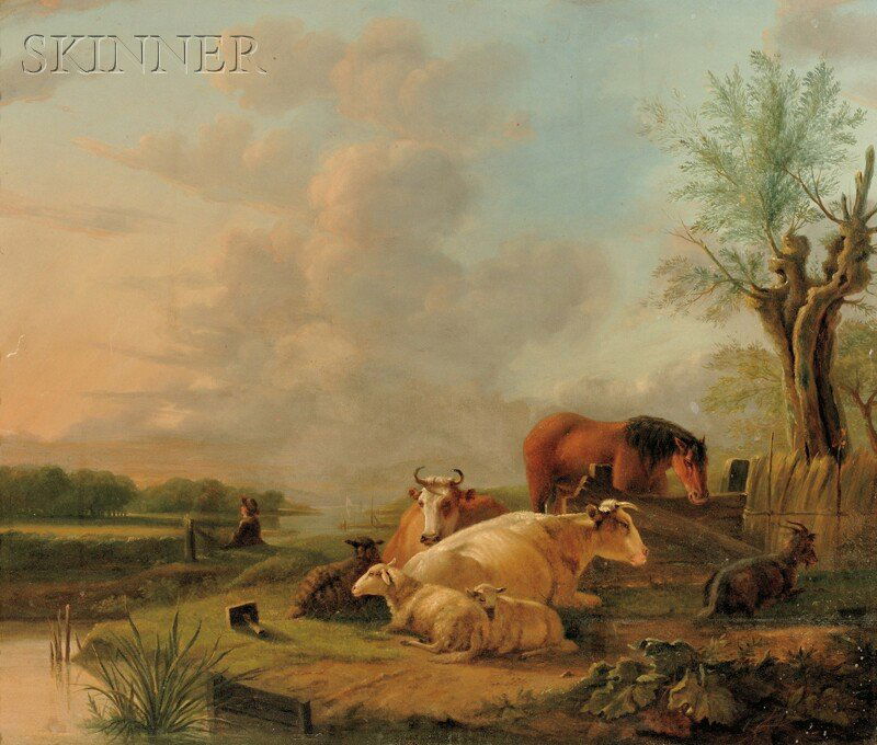 Dutch School, 18th/19th Century Livestock in a Riv: Dutch School, 18th/19th Century Livestock in a River Landscape Unsigned. Oil on cradled panel, 23 5/8 x 27 1/2 in. (60.0 x 70.0 cm), framed. Condition: Abrasions, minor retouch, craquelure, surface gr