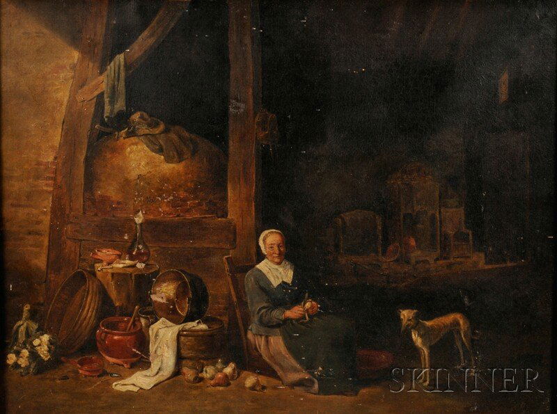 British School, 19th Century Seated Woman with a: British School, 19th Century Seated Woman with a Whippet in a Rustic Interior Unsigned, with a canvas stencil from Brodie & Middleton, London, on the reverse. Oil on canvas, 19 1/2 x 26 3/8 in. (49.5