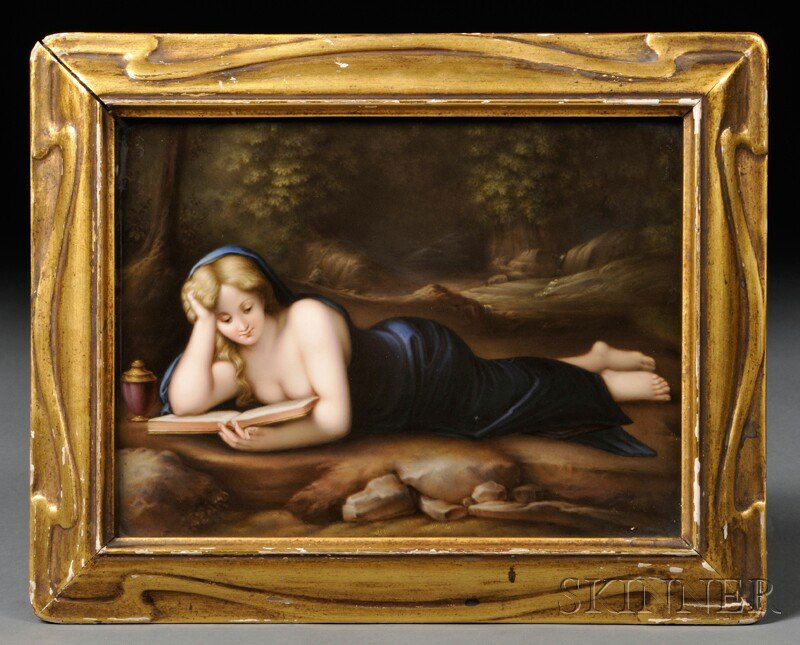 KPM Porcelain Plaque Depicting the Penitent Magdal: KPM Porcelain Plaque Depicting the Penitent Magdalene, mid- to late 19th century, after Heinrich Friedrich Fuger (1751-1818), the scantily clad figure prone on the ground and reading a book, unsigned,