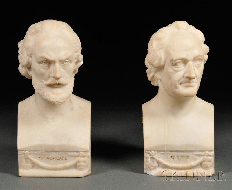 Alabaster Busts of Shakespeare and Goethe, second: Alabaster Busts of Shakespeare and Goethe, second half 19th century, each identified on the base and incised "Rosi," ht. to 14 1/8 in.