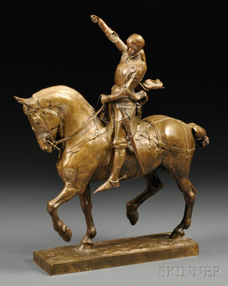 After Emmanuel Fr?miet (French, 1824-1910) Joan d': After Emmanuel Fr?miet (French, 1824-1910) Joan d'Arc, modeled in armor astride a horse, with her arm raised, signed to base "FREMIET" and "F. Barbedienne Fondeur" incised on the side of the base, ht.