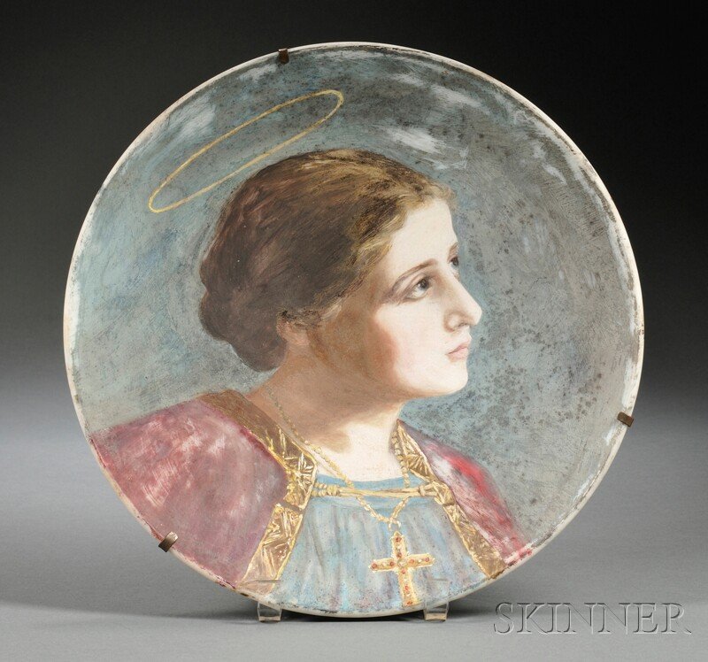 Italian Painted Glass Portrait Charger of St. Ceci: Italian Painted Glass Portrait Charger of St. Cecilia, taken from a print source, inscribed "Roma 1902" on the reverse, dia. 12 1/4 in.