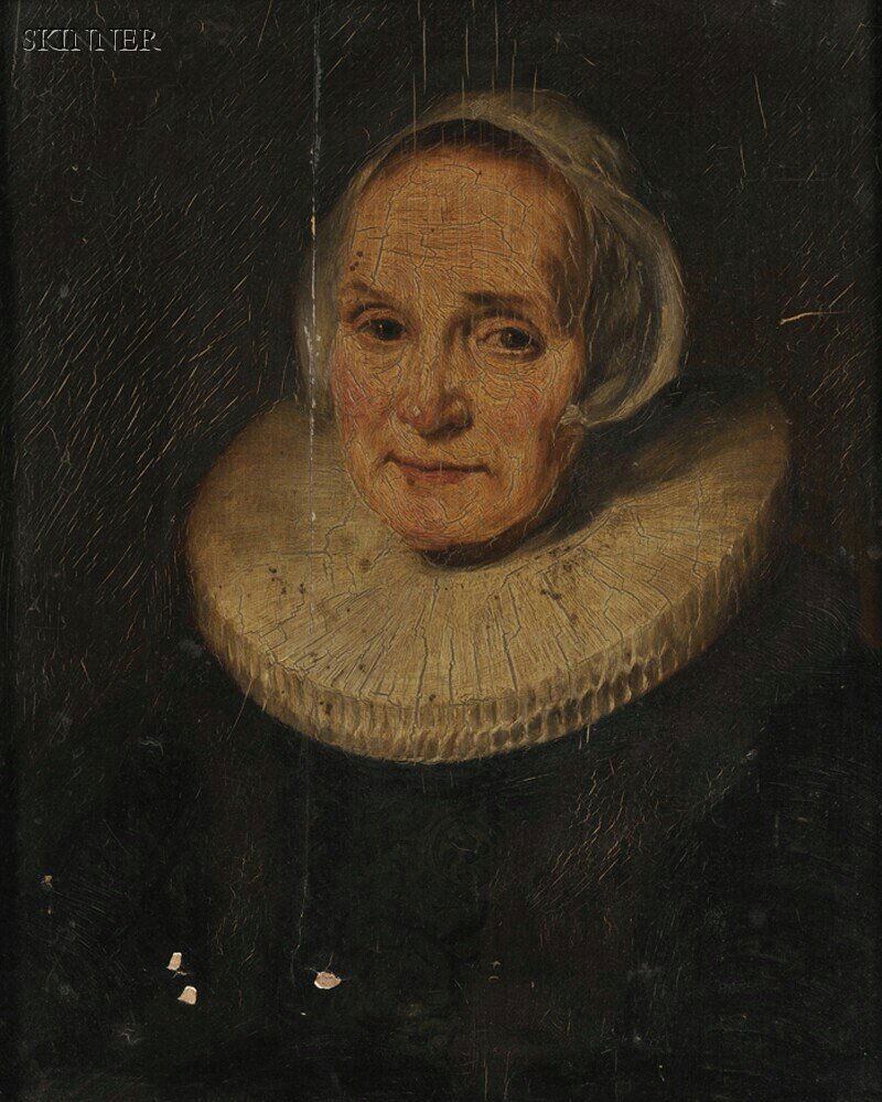 Dutch School, 17th Century Style Portrait of a Wom: Dutch School, 17th Century Style Portrait of a Woman in Lace Cap and Collar Unsigned. Oil on panel, 12 7/8 x 9 5/8 in. (32.7 x 24.4 cm), in a carved wood frame. Condition: Losses, craquelure, surface