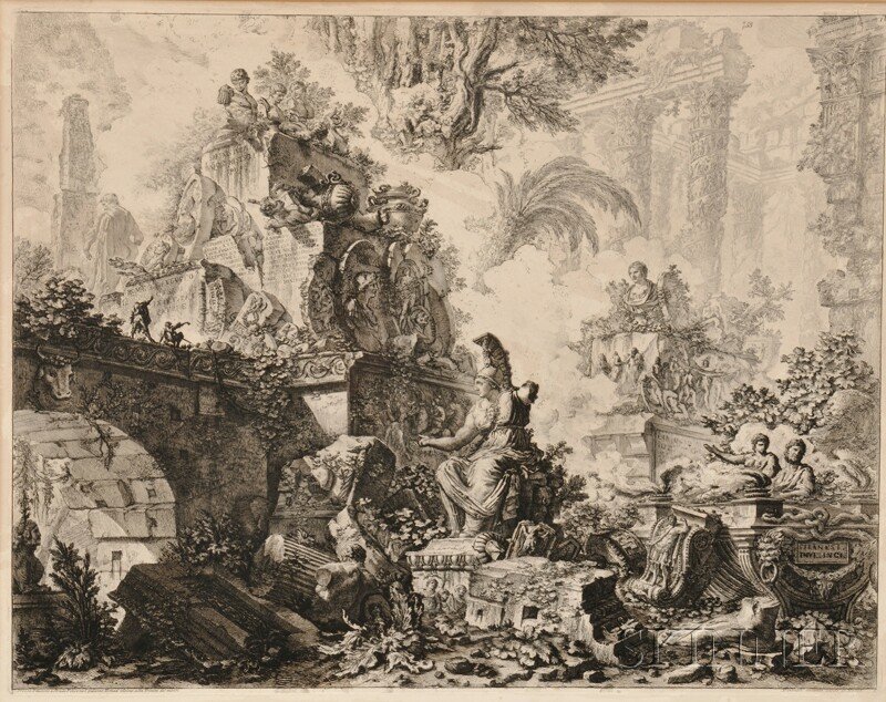 Giovanni Battista Piranesi (Italian, 1720-1778) C: Giovanni Battista Piranesi (Italian, 1720-1778) Capriccio di rovine con statua di Minerva, Frontispiece from Vedute di Roma Signed within the composition "Piranesi/I