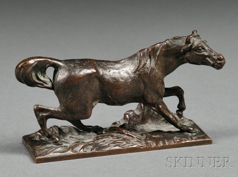 After Pierre Jules Mene (French, 1818-1879) Horse,: After Pierre Jules Mene (French, 1818-1879) Horse, cast in profile, on a rectangular naturalistic base, dark brown/black patina, incised "P J MENE," lg. 3 1/8, ht. 2 in.