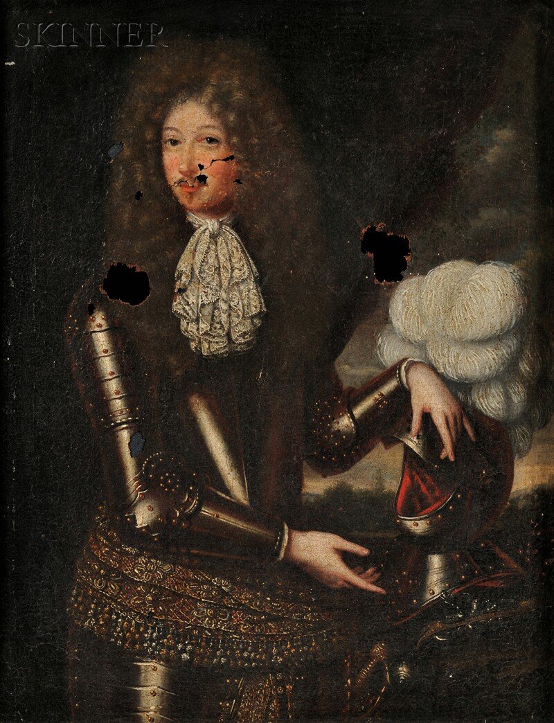 French School, 17th Century Style Portrait of a Ge: French School, 17th Century Style Portrait of a Gentleman in Armor with a Plumed Helmet Unsigned. Oil on canvas, 19 x 14 3/4 in. (48.2 x 37.5 cm), framed. Condition: Lined, punctures, losses (of both 