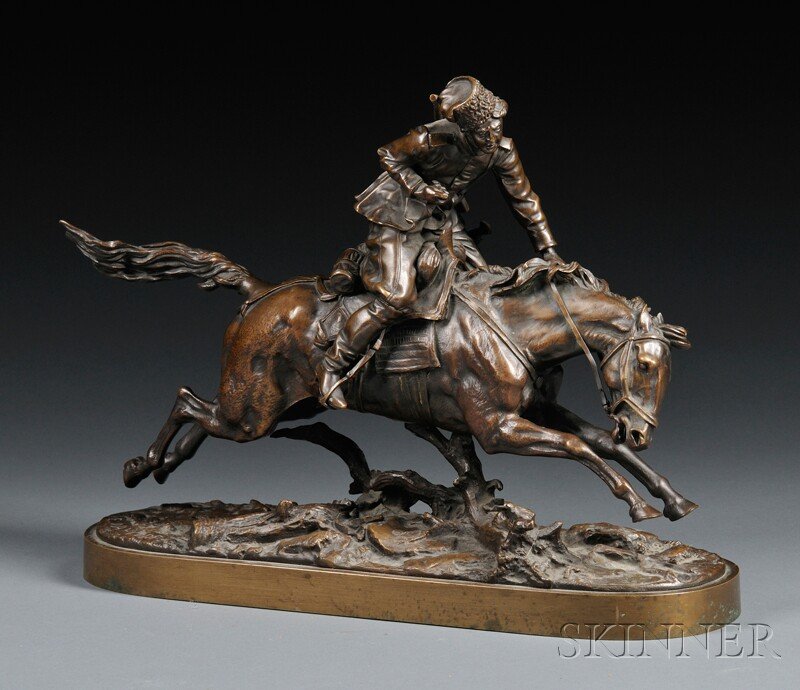After Evgeni Alexandrovich Lanceray (Russian, 1848: After Evgeni Alexandrovich Lanceray (Russian, 1848-1886) Charging Cossack Soldier, cast as a man with a musket and a sabot astride a horse who is leaping over a fallen log, chocolate brown patina, on 