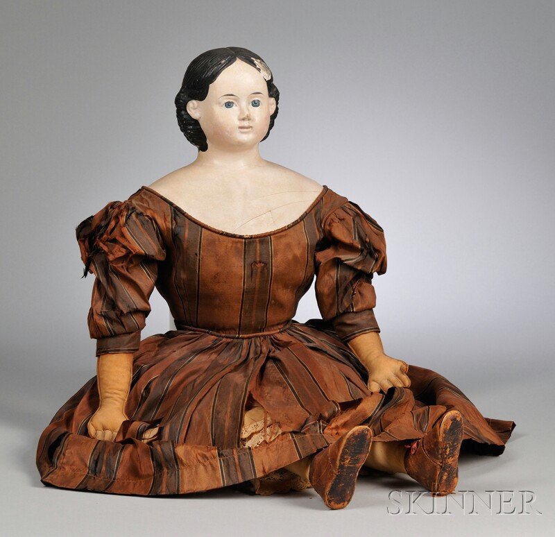 Large Papier-mache Greiner Doll, 1858 label, cloth b: Large Papier-mache Greiner Doll, 1858 label, cloth body, kid arms, old dress and shoes, ht. 31 in.