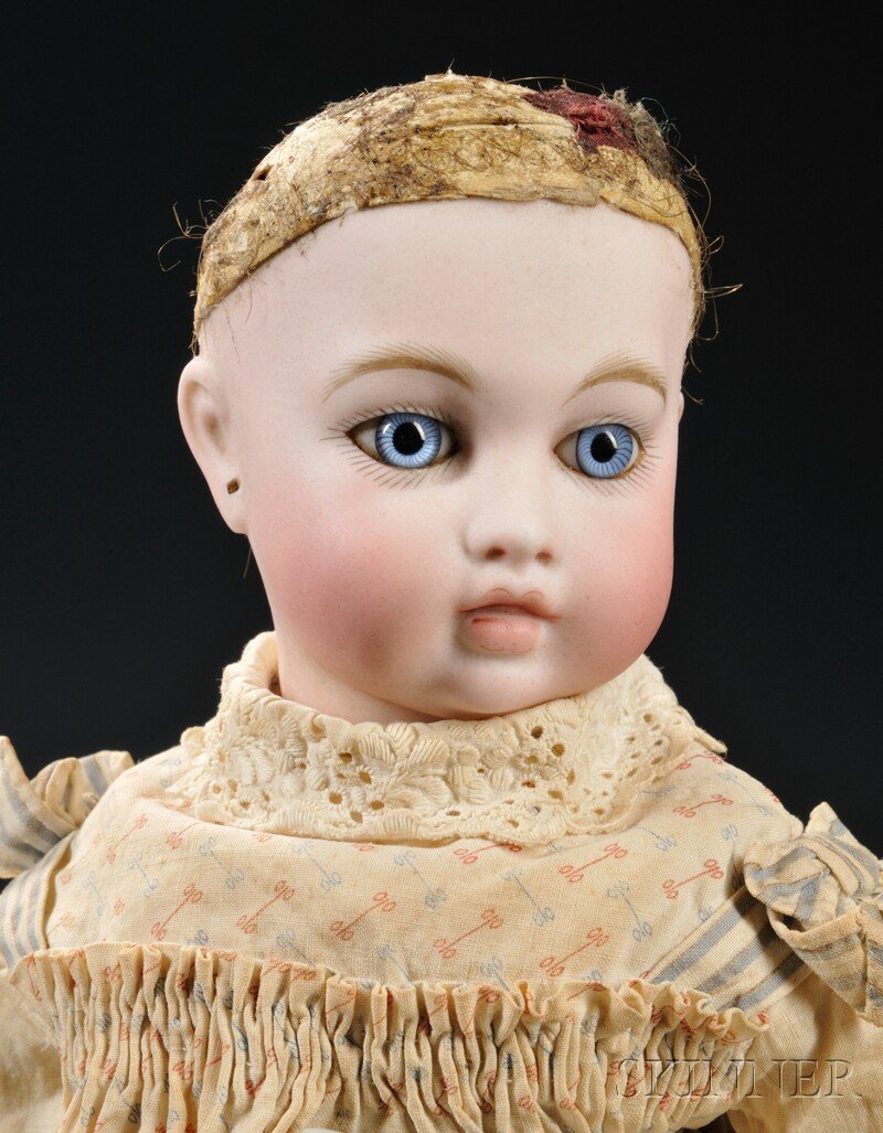 Bru Jne 3 Circle Dot Bisque Head Bebe, France, earl: Bru Jne 3 Circle Dot Bisque Head Bebe, France, early 1880s, vibrant blue lined paperweight eyes, closed mouth with space between lips, deep shoulder plate with molded bosom, cork pate with leather cap
