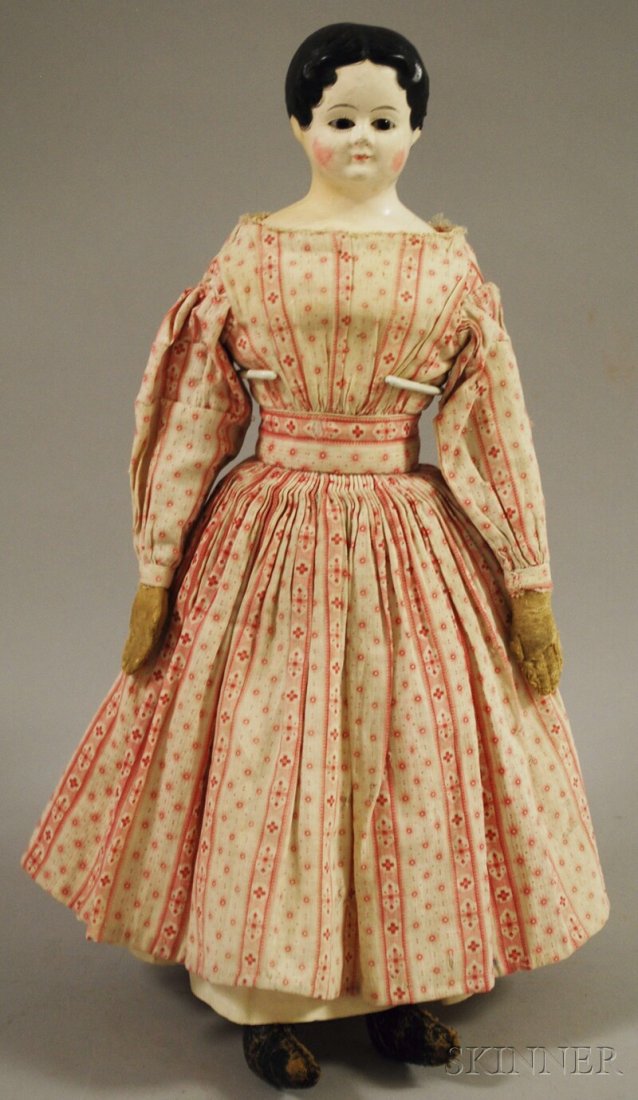 Early Glass-eyed Papier-mache Shoulder Head Doll, b: Early Glass-eyed Papier-mache Shoulder Head Doll, black pupil-less glass eyes, short black painted hair, cloth body, white cotton undergarments, red and white printed cotton dress, handmade dark blue 