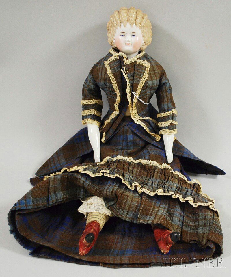 Blonde China Shoulder Head Doll, Germany, c. 1870,: Blonde China Shoulder Head Doll, Germany, c. 1870, blue painted eyes, ash blonde painted hair with curls all around head and onto forehead, smiling expression, cloth body, red stitched-on boots, under