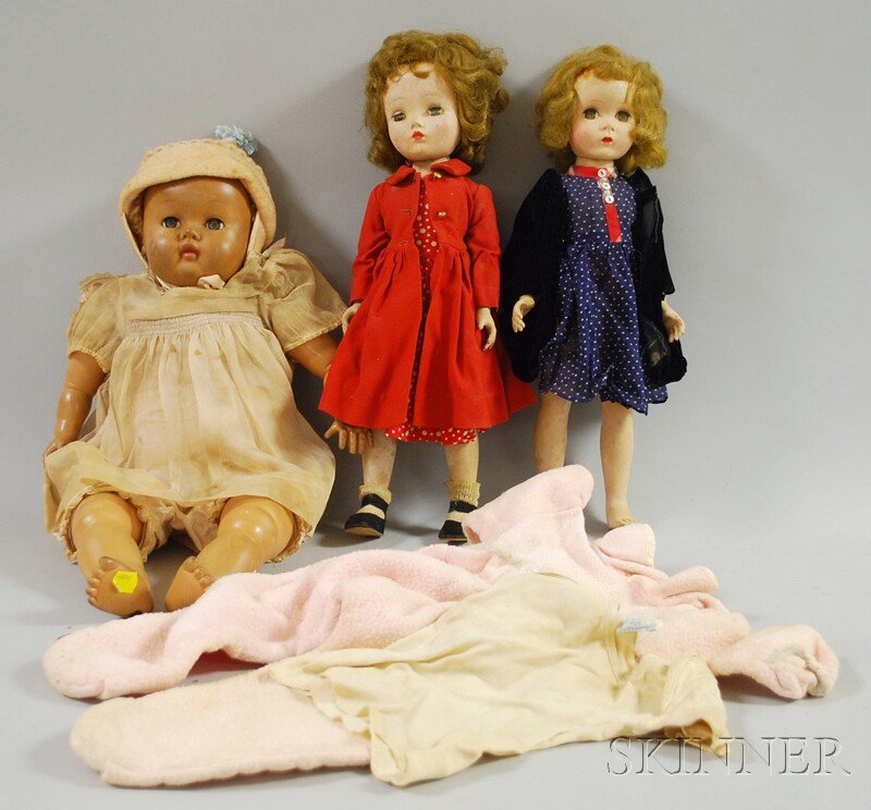Three Dolls, large vinyl Effanbee baby doll, ht. 22: Three Dolls, large vinyl Effanbee baby doll, ht. 22; two hard plastic girl dolls, one in blue dress, one Alexander Binnie Walker, ht. 17, 18 in.