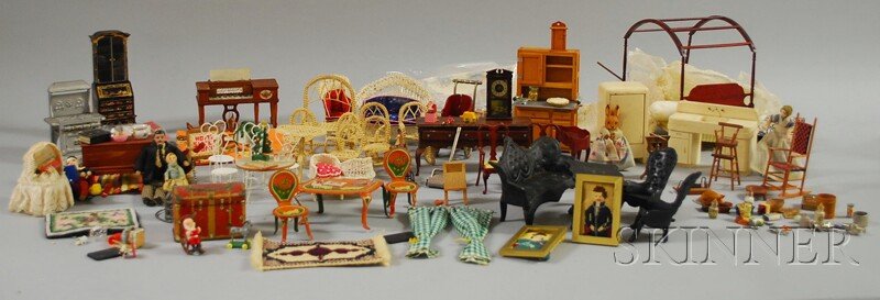 Two Bins of Doll House Furniture, including a wood: Two Bins of Doll House Furniture, including a wooden bathroom set and kitchen items, iron Royal stove, wooden bedroom furniture, miscellaneous items, none appear to be marked Tynietoy but all were con