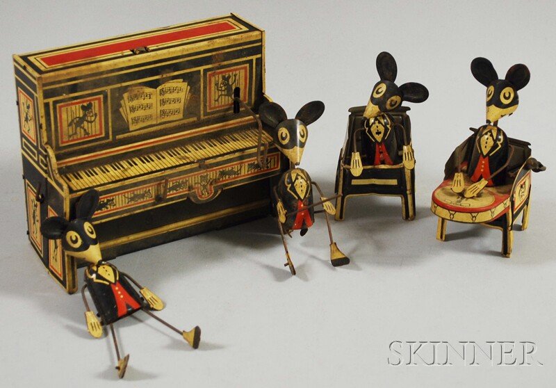 Marx Merrymakers Tin Wind-up Toy Band, Louis Marx: Marx Merrymakers Tin Wind-up Toy Band, Louis Marx & Co., New York, 1930s, piano, drum, four figures.