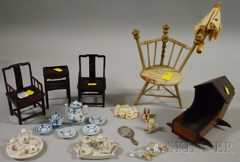 Two Doll Carriages, Miniature Furniture, and Misce: Two Doll Carriages, Miniature Furniture, and Miscellaneous Items, a wicker stroller, lg. 36, and a wire mesh stroller, ht. 25 in.; furniture includes a small pair of chairs and table, cradle, small te