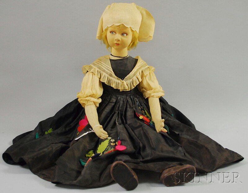 Large Lenci Felt Girl Doll, Italy, c. 1920s, blue: Large Lenci Felt Girl Doll, Italy, c. 1920s, blue side-glancing eyes, blonde mohair wig, long slender arms and legs, dressed in black silk and organdy provincial costume with felt appliques, ht. 35 in