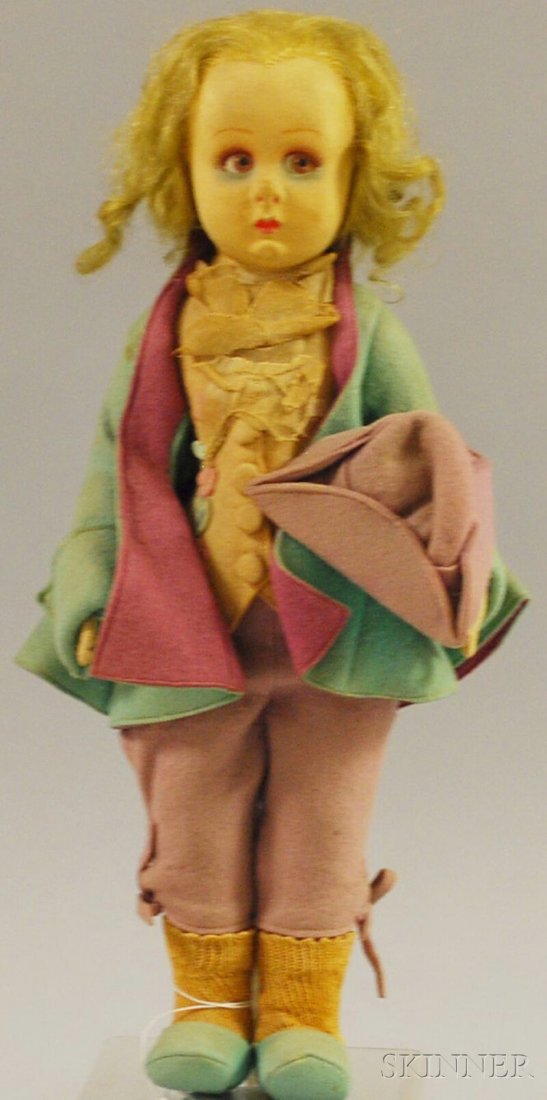 Lenci "Mozart" Felt Doll, Italy, c. 1920s, brown s: Lenci "Mozart" Felt Doll, Italy, c. 1920s, brown side-glancing eyes, blonde mohair wig with defined widow's peak, blue-green and lavender all-felt costume, paper label on back with notation "Mozart,"