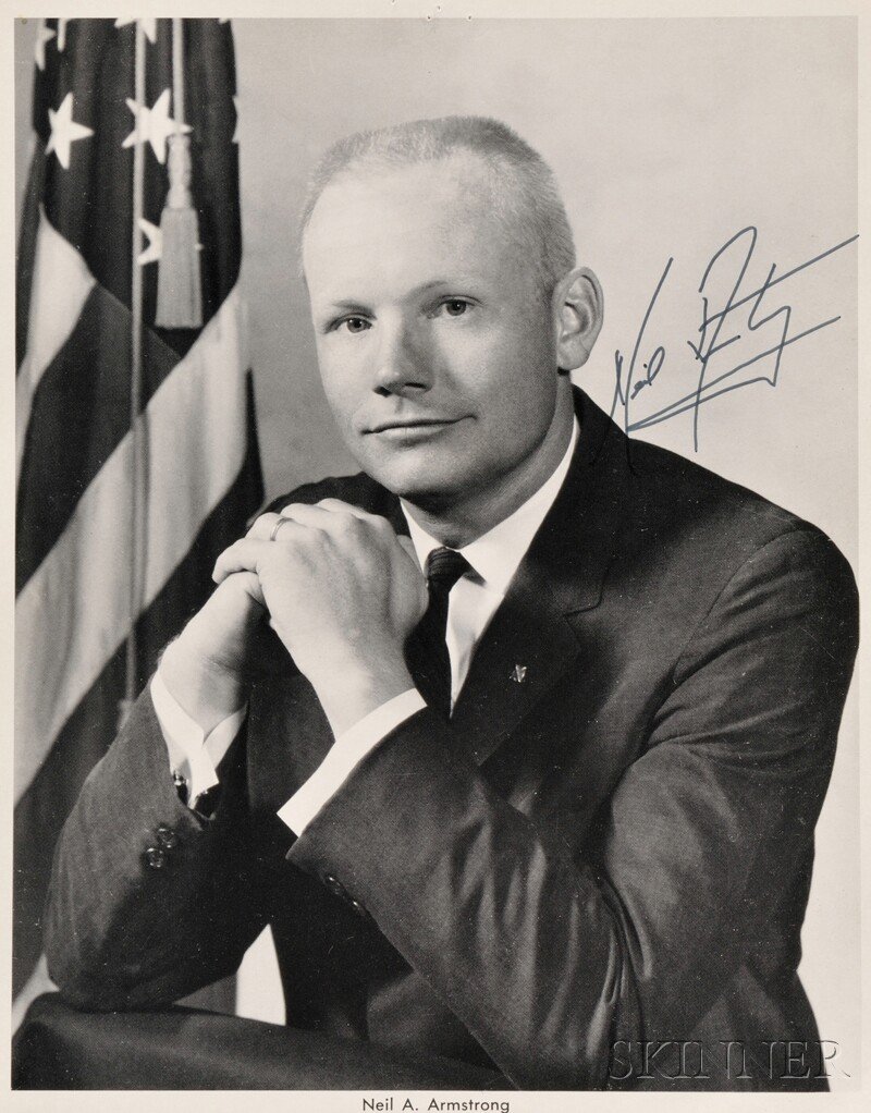 NASA Astronaut Neil Armstrong Autographed Portrait: NASA Astronaut Neil Armstrong Autographed Portrait Photograph Print, c. 1965, in black marker ink, unframed, 8 x 10 in. Provenance: From the archive of Gerald Feldmann (1927-2010), for seven years the