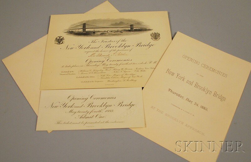 1883 New York and Brooklyn Bridge Opening Ceremoni: 1883 New York and Brooklyn Bridge Opening Ceremonies Invitation, Ticket, and Program, May 24, 1883, 2pm, the invitation to Mr. Edward F. Patchen, printed on Tiffany & Co. stationary with envelope.