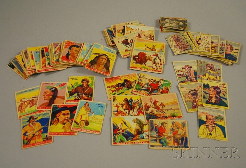 Group of 1930s American West Trading Cards, includ: Group of 1930s American West Trading Cards, including twenty-eight Wild West Series Picture Puzzle Bubble Gum, Gum Inc., fifty-six Indian Chewing Gum, Goudey Gum Co., twenty-six western strip cards an