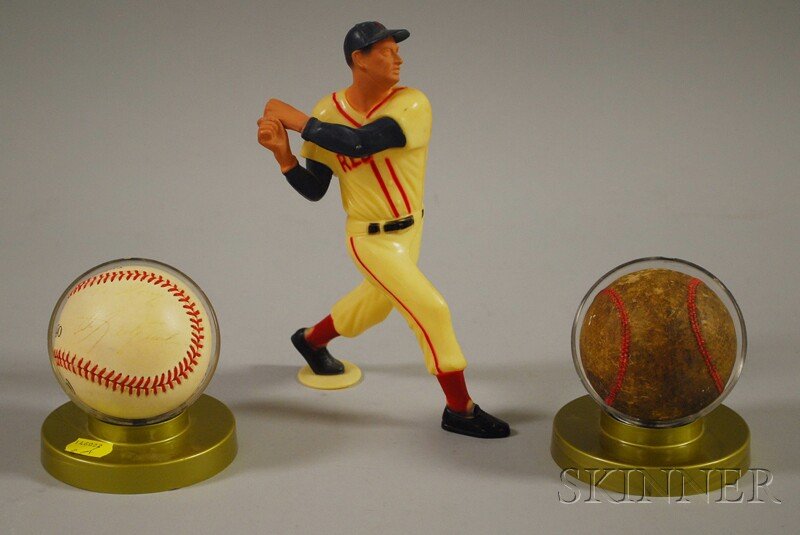 Three Vintage Baseball Collectibles, a 1960s Hartl: Three Vintage Baseball Collectibles, a 1960s Hartland Ted Williams plastic figure, a Carl Yastrzemski autographed baseball inscribed "To Doug" in black ink on a red-stitched Rawlings Official League b