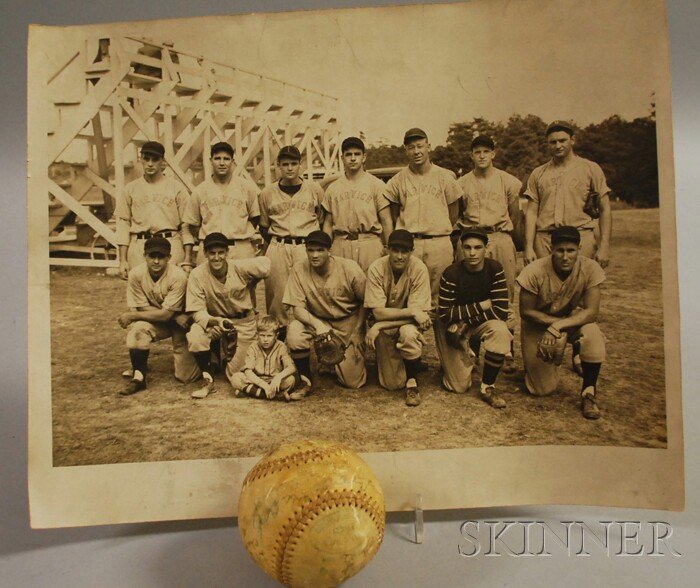 Harwich Cape Cod Baseball League Team Photograph a: Harwich Cape Cod Baseball League Team Photograph and an Autographed Baseball, c. 1938, the baseball including signatures Eddie Collins, Lefty Lefebvre, Joe Kelley, Doc G..., George..., Bob..., Red D..