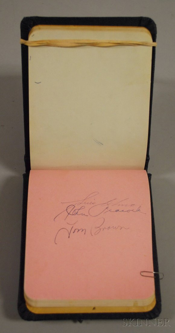 National League Baseball Player Signed Autograph B: National League Baseball Player Signed Autograph Book, c. 1945, including Brooklyn Dodgers Dixie Walker, Augie Galan, Luis Olmo, John Peacock, Tom Brown, Bob Chapman, Hal Gregg, Eddie Basinski, Ed Ste