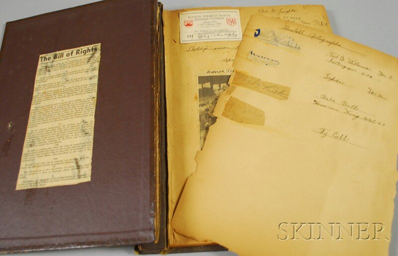 Album with Ted Williams, Babe Ruth, Ty Cobb Autogr: Album with Ted Williams, Babe Ruth, Ty Cobb Autographs and Boston Sports Collectibles, including cut signatures, in pencil of Ted Williams, Tony Lupien, Babe Ruth, and Ty Cobb; a 1941 Boston Red Sox N