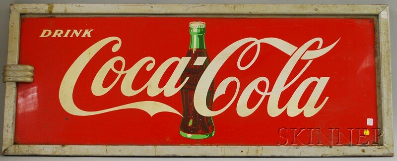 Drink Coca-Cola Painted Advertising Metal Sign, c.: Drink Coca-Cola Painted Advertising Metal Sign, c. 1951, in original silver painted wood frame, (imperfections, scattered edge corrosion, wood loss), sign lg. 20, wd. 55 1/2, in., overall lg. 23 3/4, 